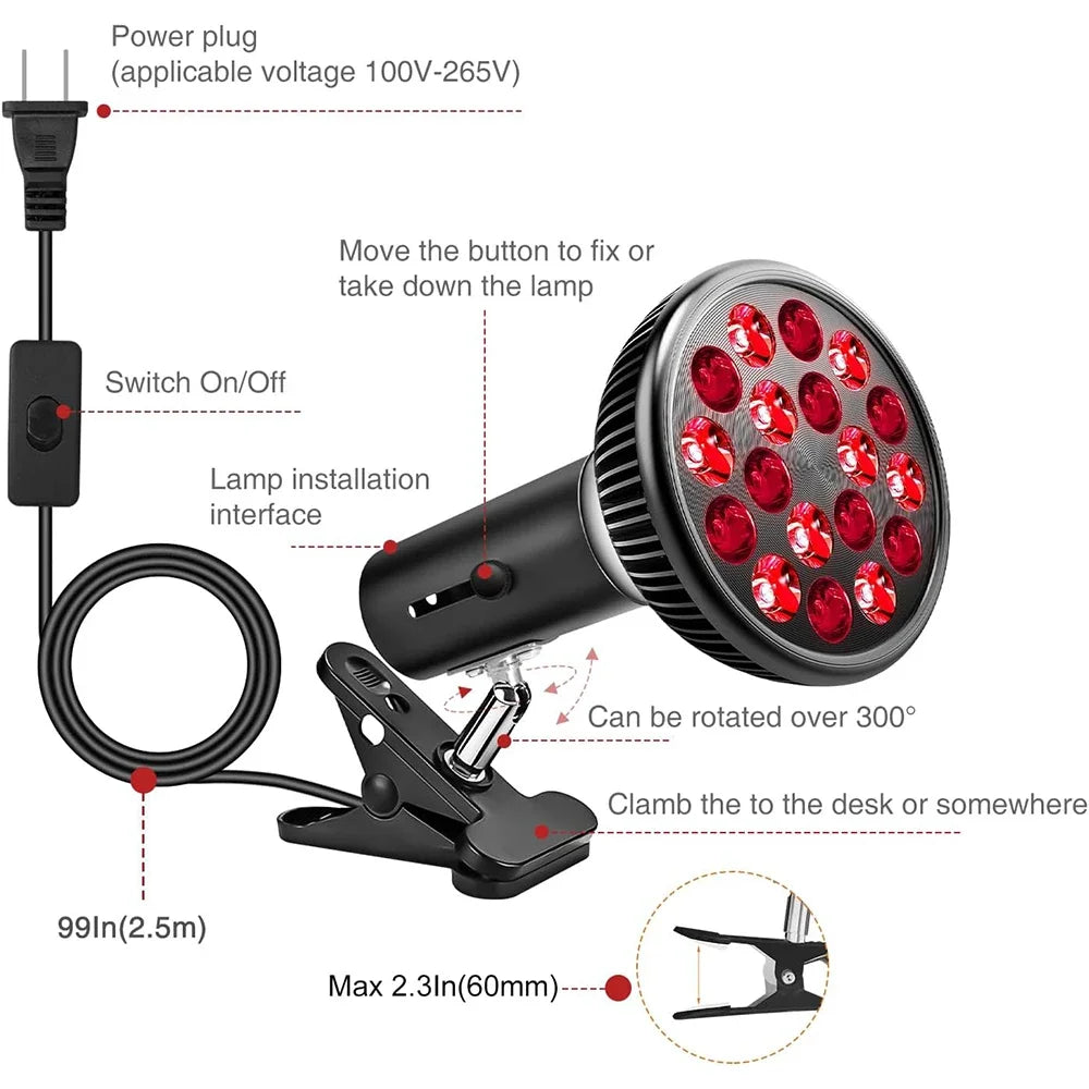 Clip On Red Light Therapy Lamp 54W 660nm & 850nm Infrared